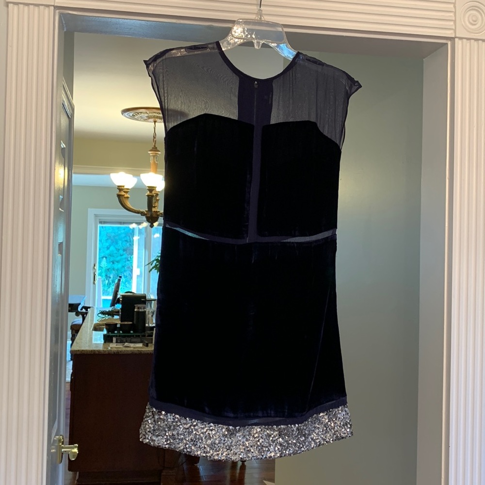 Funktional Navy Blue Chiffon Panel Dress With Silver Sequins On Bottom Size XS